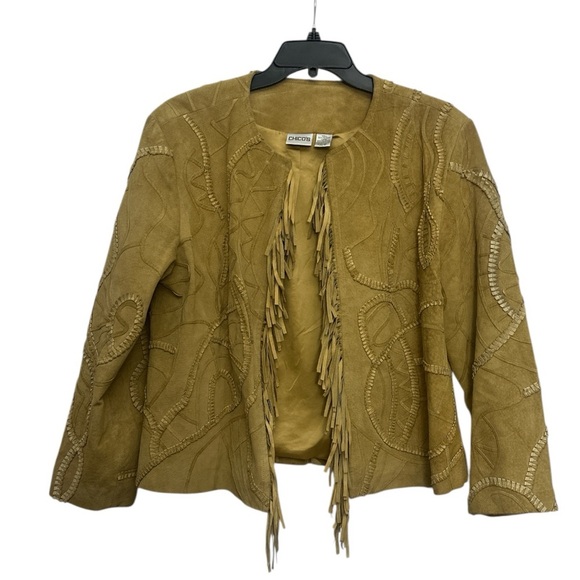 Chico's Jackets & Blazers - Chicos Open Front Suede Jacket Fringe 3D Texture Size XL Boho Western Artsy